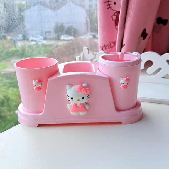 Cute Cat KT  Themed Toothbrush Holder, Pink Multi-Function Bathroom Organizer, Plastic Storage Caddy with 3 Compartments