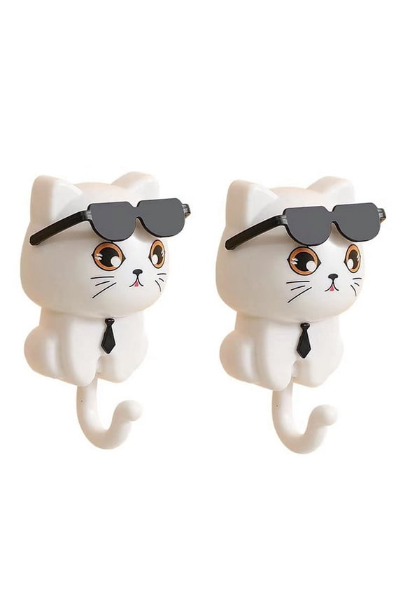 Cute Cat Key Hook, Cat Keychain, Kitten Coat Hook, Cute Sunglasses Cat Sticky Coat Hook, Coat Wall Hook White