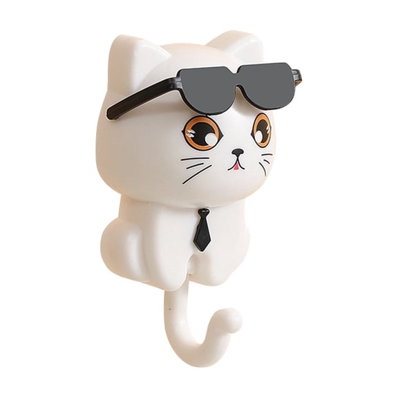 Cute Cat Key Hook, Decorative Wall Mounted Hook with Sunglasses Design, for Home Entryway, Office, Bedroom, Bathroom, White