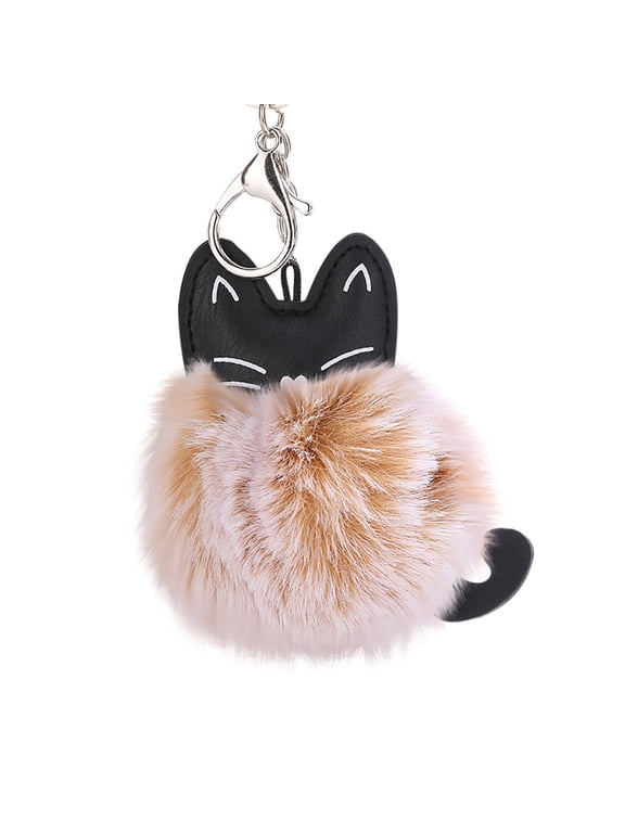 Cute Cat Keychain Pendant Key Ring Holder with Pompoms for Women Girls 8CM Adorable Animal Keychains Accessories