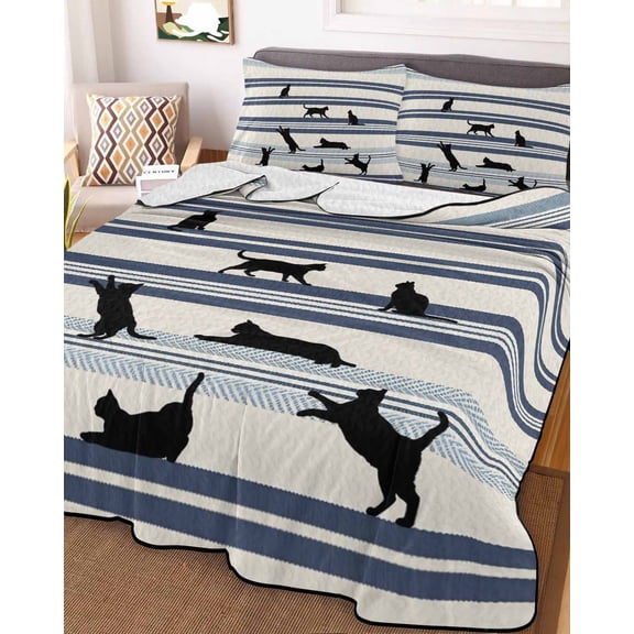 Cute Cat King Size Down Alternative Comforter, Lightweight Comforter Quilt Bedding Set with Pillow Shams Funny Playing Animals Blue Stripe Lines Retro All Seasons Bed Comforter Duvet Insert 96"x106"