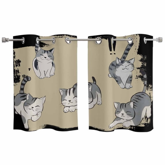 Cute Cat Kitchen Curtains Window Panels, Black Beige Vintage Animal Insulated Window Treatment Curtain, Grommet Curtains for Bedroom/Living Room/Bathroom, 2 Piece 27.5"Wx39"L