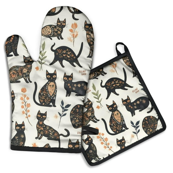 Cute Cat Kitchen Oven Mitt and Pot Holder Sets 2 Pcs for Baking, Cooking and Grilling, Heat Resistant Up To 392 °F