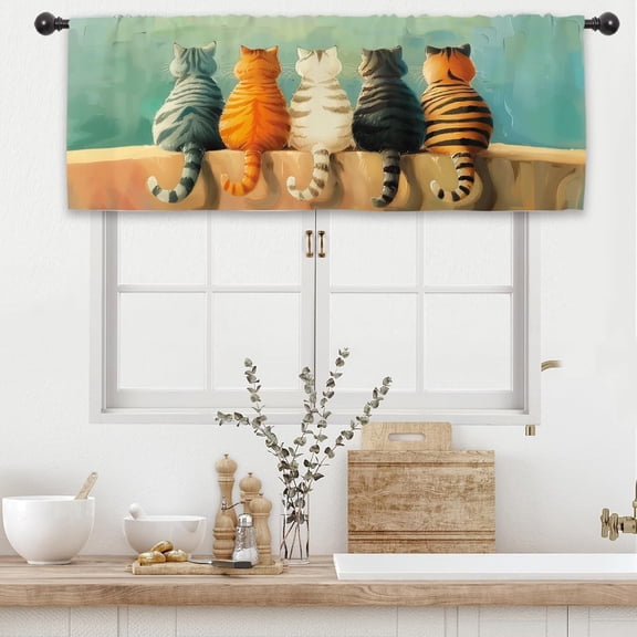Cute Cat Kitten Kitchen Curtain Valance 54W x 18L Inch Funny Pet Rod Pocket Short Cafe Small Window Treatment Drapes Decor