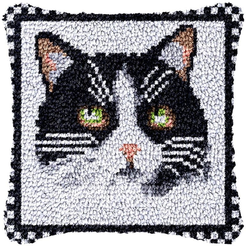 Cute Cat Kitten Latch Hook Pillow Cover Kits for DIY Handmade Throw Pillow Cross Stitch Latch Hook Pillowcase Rug Kits with Preprinted Color Pattern Canvas Crochet Yarn Kits 17''X 17''(ch62)
