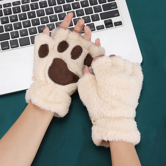 Cute Cat Kitten Paw Fingerless Faux Fur Plush Gloves For Girls Women
