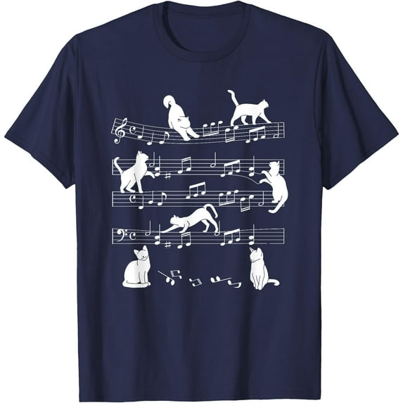 Cute Cat Kitty Playing Music Note Clef Musician Art Unisex T-Shirt for Men Women Kids Toddler,Navy Color,Size YL