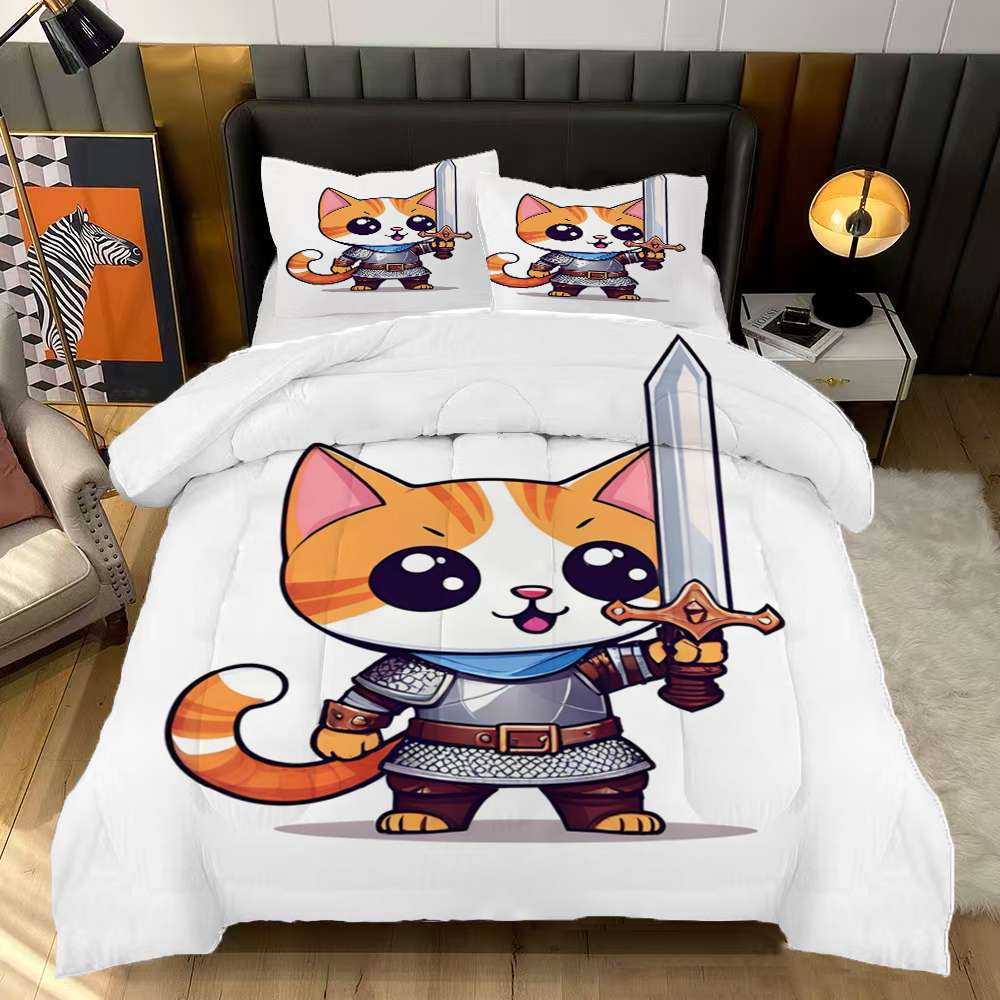 Cute Cat Knight Warrior Comforter Set Queen Size Bedding Set For Travl ...