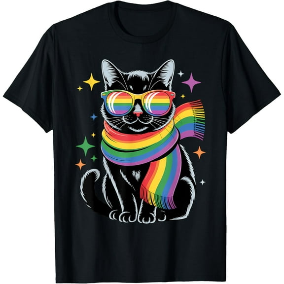 Cute Cat LGBTQ Rainbow Scarf and Glasses Gay Lesbian Pride T-Shirt Tops Tee