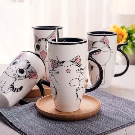 Cute Cat Large Capacity 600ml Coffee Mug With Stainless Steel Spoon and Straw