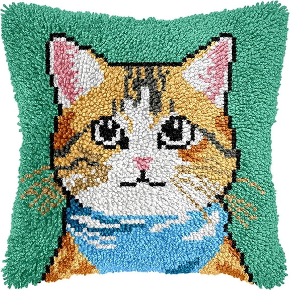 Cute Cat Latch Hook Pillow Kits DIY Pillowcase Crochet Hook Cushion Making Kits with Preprinted Pattern Canvas Instruction Yarns Pillow Cover Easy Starter DIY Kits 43x43cmk28)