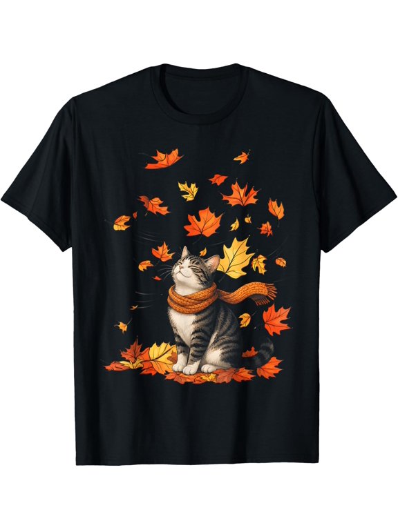 Cute Cat Leaf Fall Autumn Shirt for Cat Lovers T-Shirt- Classic Holiday Bestsellers Pumpkin Spice tee Unisex 100% Cotton T-Shirt Everyday Wear Affordable t shirts S - 3XL