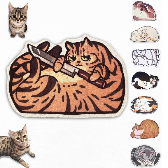 Cute Cat Litter Mat (30x20), Large Litter Trapping Mat for Kitty Litter Box, Absorbent & Waterproof Floor Protector for Indoor Cats, Brown Tabby