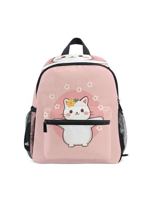 Cute Cat Little White Flower Mini Backpack Cute Small Backpack with Chest Strap and Whistle Ages 3-8