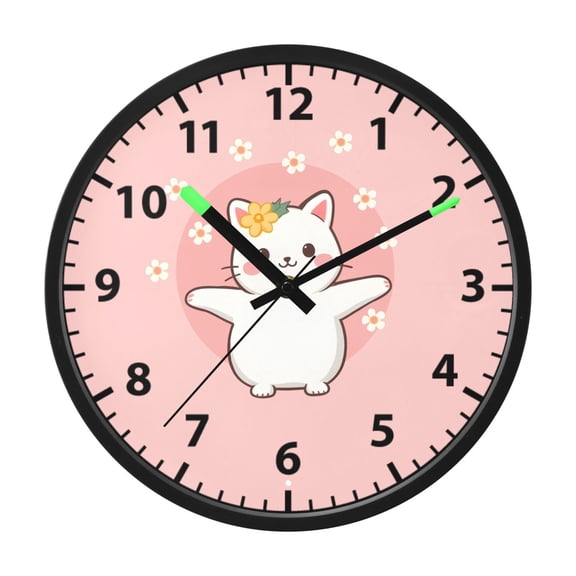 Cute Cat Little White Flower Wall Clock 12 Inch Voice Activated Night Light Silent Non Ticking