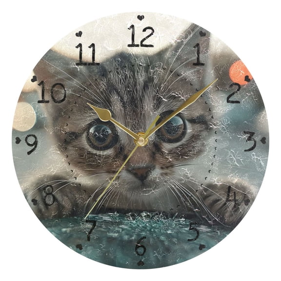 Cute Cat Look From Broken Glass Round Wall Clock Silent Analog Battery Operated Gold Pointer Home Decor 9.84" Diameter