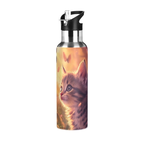 Cute Cat Looking Butterflies Cherry Blossom Sports Bottle with Straw Stainless Steel Water Jug Portable Thermal Cup Leak-proof 600ML