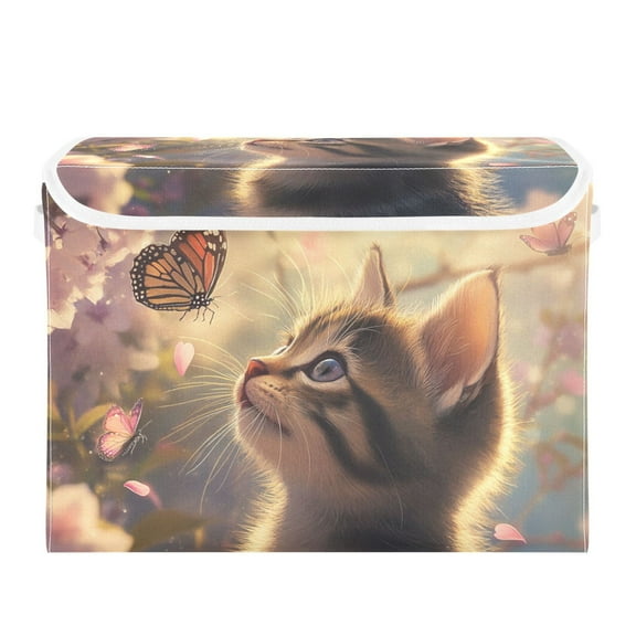 Cute Cat Looking at Butterflies Foldable Storage Bin with Lid and Handle Collapsible Storage Box 16.5 x 12.6 x 11.8 inches