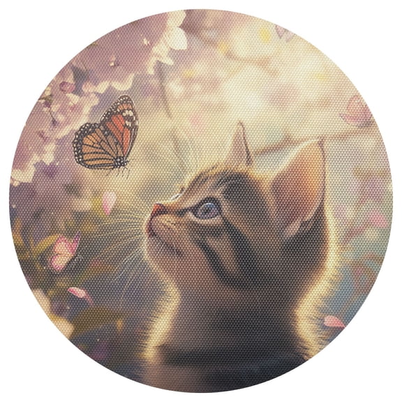 Cute Cat Looking at Butterflies PVC Round Grid Placemat Table Mat 1 Pc 15.4" x 15.4"