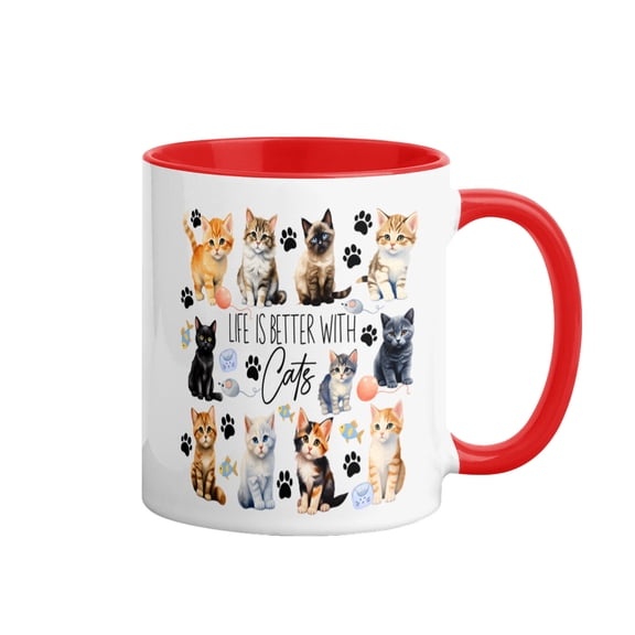 Cute Cat Lover Coffee Mug - "Life is Better With Cats" 11oz Ceramic Mug, Best Cat Gifts for Cat Mom, Cat Lady, Cat Owner, Women & Girls, Adorable Kitten Print Mug Red