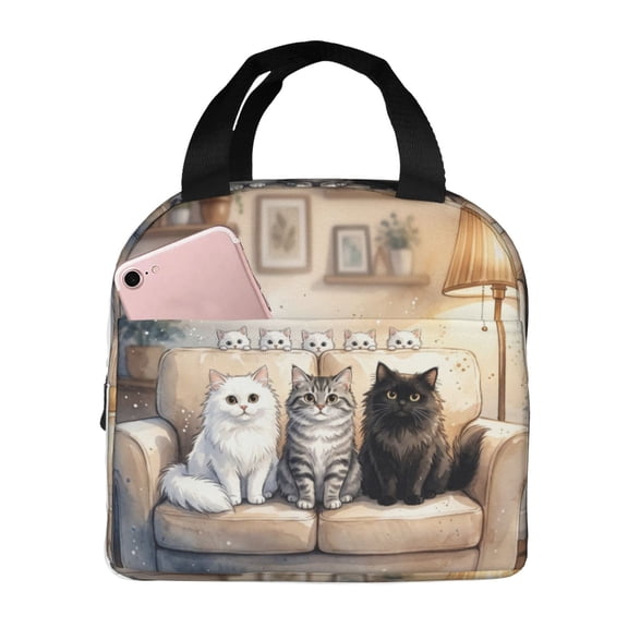 Cute Cat Lunch Bag With Cats Reusable Lunch Box Front Pocket Zipper Closure Leakproof Insulated Cooler Tote Bag Food Container Cartoon LunchBox For Men Women Work Travel Picnic
