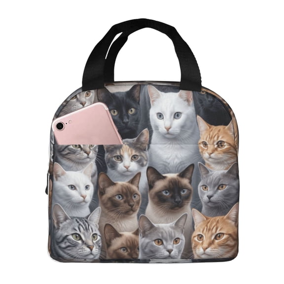 Cute Cat Lunch Bag,Cats Reusable Lunch Box Front Pocket Zipper Closure Leakproof Insulated Cooler Tote Bag Food Container Cartoon LunchBox For Men Women Work Travel Picnic