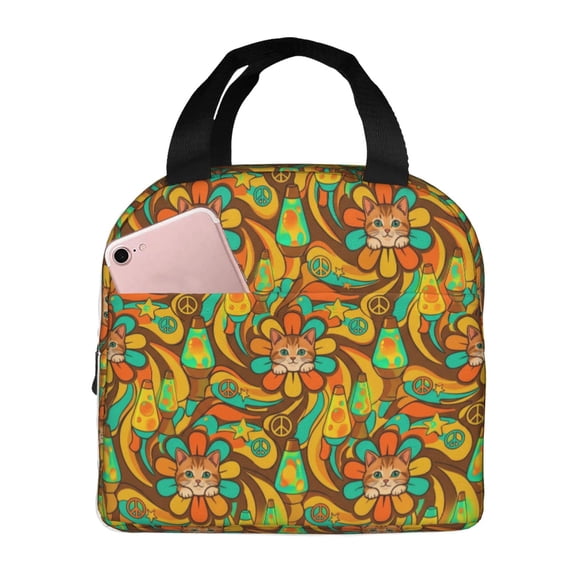 Cute Cat Lunch Bag Reusable Zipper Closure Leakproof Insulated Cats Lunch Box Cooler Tote Bag Food Container Snack Bag