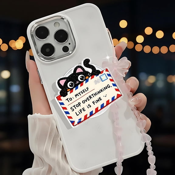 Cute Cat Magnetic Phone Grip Stop Overthinking Quote Pop Grip, Mental Health Reminder, Kawaii Black Cat Phone Holder For Yourself