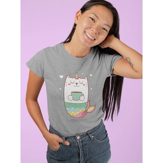 Cute Cat Mermaid Drinking Coffee Shaped T-Shirt Women -Image by Shutterstock, Female Large
