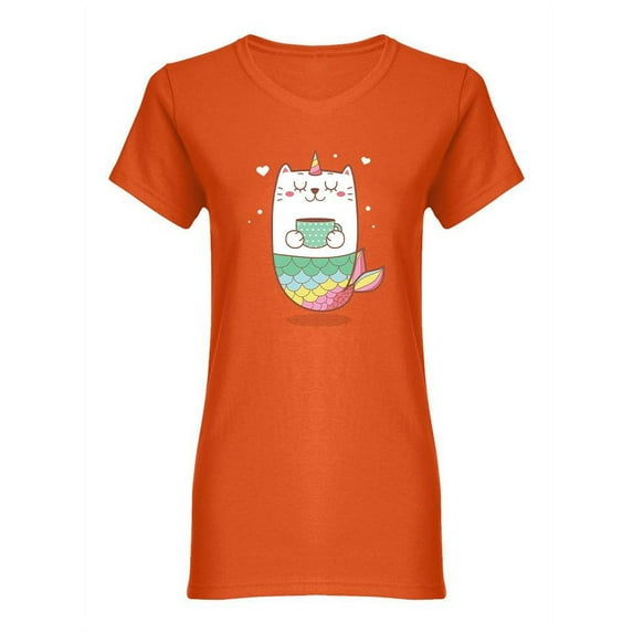 Cute Cat Mermaid Drinking Coffee Shaped T-Shirt Women -Image by Shutterstock, Female Medium