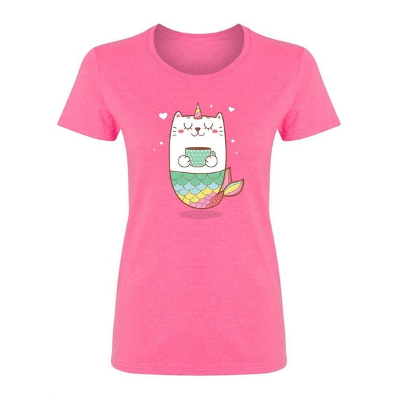 Cute Cat Mermaid Drinking Coffee Shaped Tee Women's -Image by Shutterstock