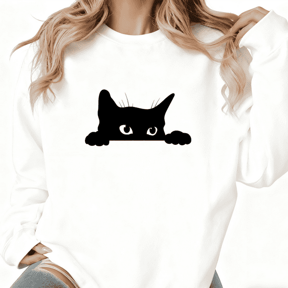 Cute Cat Minimalist Graphi Tee T-Shirt Top Print softness Round-neck long-sleeved white S-3XL