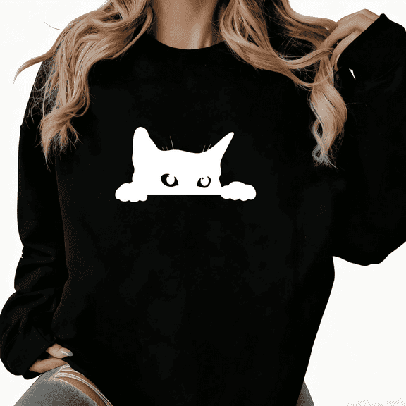 Cute Cat Minimalist Graphic Suitable Casual Tee T-Shirt Top Print Round-neck long-sleeved Black S-3XL