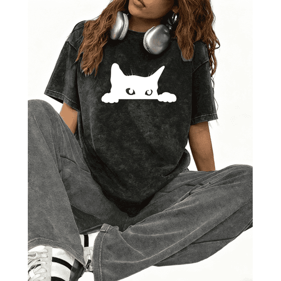 Cute Cat Minimalist Graphic Suitable Tee T-Shirt Top Print Short Sleeve Round Neck Black S-2XL Plus Size