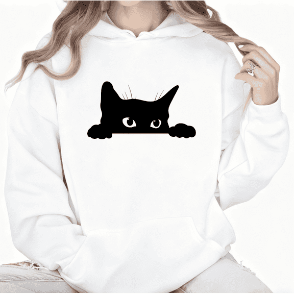 Cute Cat Minimalist Graphic Suitable and Cotton Tee T-Shirt Top Print Hooded long-sleeved White S-2XL