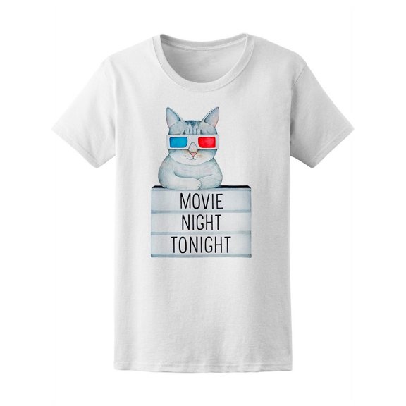 Cute Cat Movie Night Tonight T-Shirt Women -Image by Shutterstock, Female Large