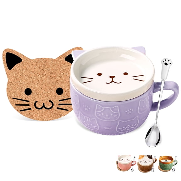Cute Cat Mug Tea Cup Purple Ceramic Coffee Mug with lid Tea Cups and Saucers Gifts for Cat Lovers 10oz