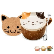 Cute Cat Mug Tea Cup Yellow Ceramic Coffee Mug with lid Tea Cups and Saucers Gifts for Cat Lovers 10oz