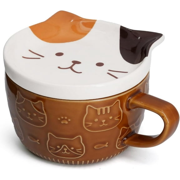 Cute Cat Mug with Lid, 300ml/10oz Ceramic Calico Cat Coffee Mugs, Kawaii Kitty Animal Milk Teacup Novelty Gifts for Cat Lovers Kids Women Girls