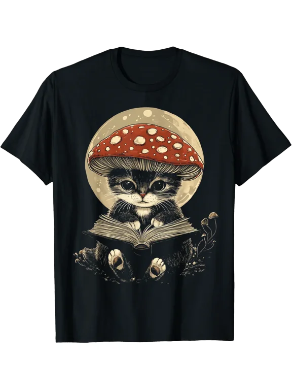 Cute Cat Mushroom T-Shirt, Boho Goth Cottagecore Graphic Tee Size S-5XL