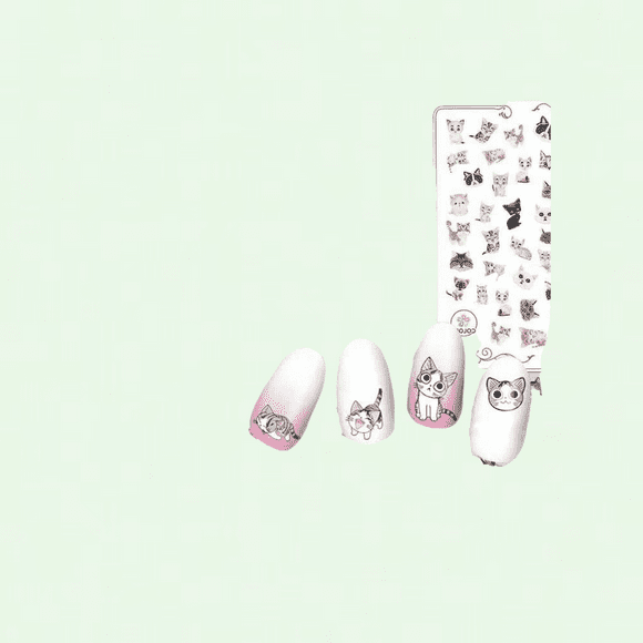 Cute Cat Nail Art Stickers - 6 Sheets, Self-Adhesive Cartoon Nail Decals, 3D Nail Art Supplies for Women, Kids, Girls