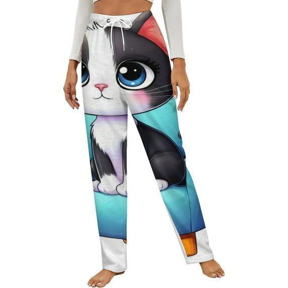 Cute Cat On Blue Chair Winter Female Pants Flannel High Waist Women Pants Lady Warm Straight Leg Plush Trousers