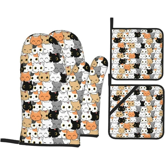 Cute Cat Oven Mitts Pot Holders Set of 4, Kitchen Gloves Potholders Heat Resistant for Chef Baking Cooking Grilling BBQ