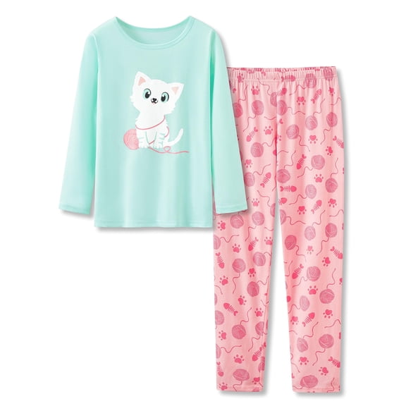 Beezizac Cute Cat Pajamas for Little & Big Girls – Kids Fall/Winter Long Sleeves Shirt & Pants PJ Set Jammies Size 10