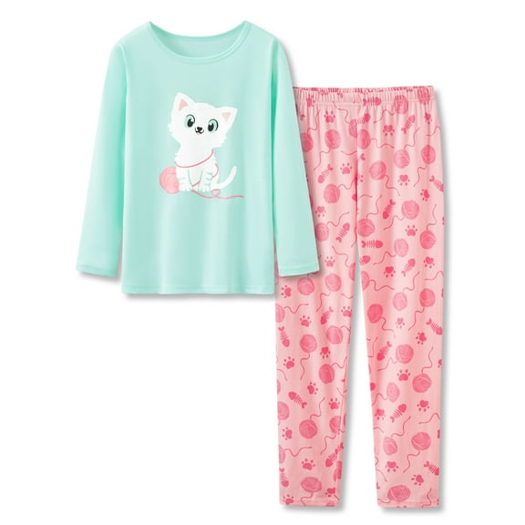 Cute Cat Pajamas for Little & Big Girls – Kids Fall / Winter Long Sleeves Shirt & Pants PJ Set Jammies Size 12