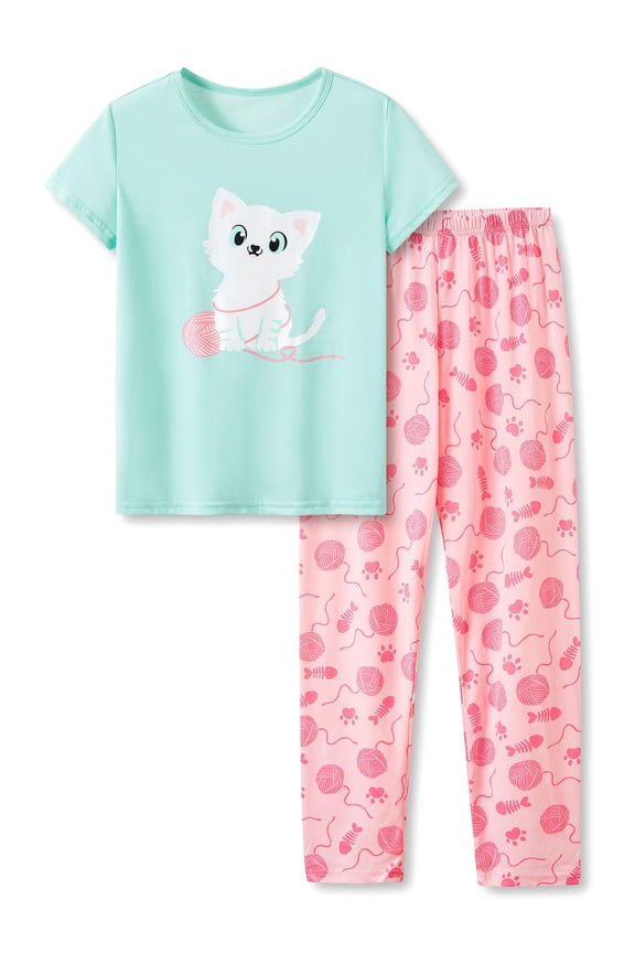 Cute Cat Pajamas for Little & Big Girls – Kids Summer Short Sleeves Shirt & Pants PJ Set Jammies Size 10