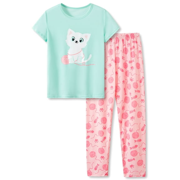 Cute Cat Pajamas for Little & Big Girls – Kids Summer Short Sleeves Shirt & Pants PJ Set Jammies Size 10