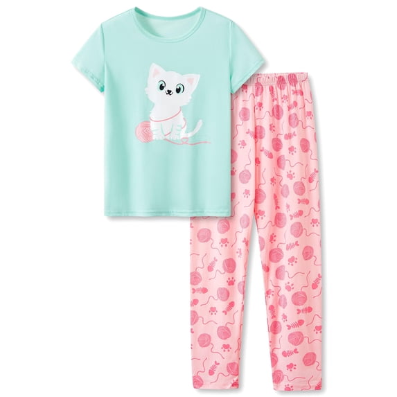 Beezizac Cute Cat Pajamas for Little & Big Girls – Kids Summer Short Sleeves Shirt & Pants PJ Set Jammies Size 12