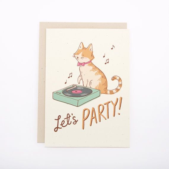 Cute Cat Party Greeting Card  "Let's PARTY!" Design  Blank Inside, Envelope Included  Ideal for Birthdays, Celebrations, and Fun Events