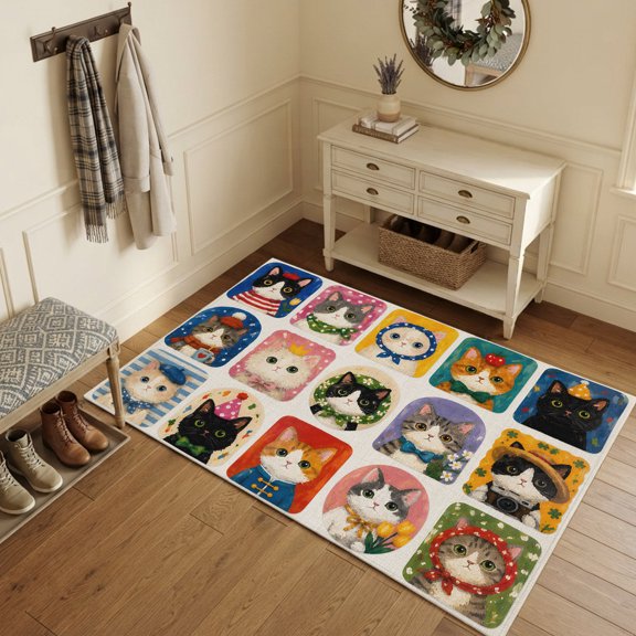 Cute Cat Patchwork Area Rugs 3'x5', Washable Small Throw Rugs for Living Room Bedroom, Funny Cats Playful Whimsical Pet Indoor Outdoor Rug Non-Slip Low Pile Carpet Runner Reversible Floor Mats